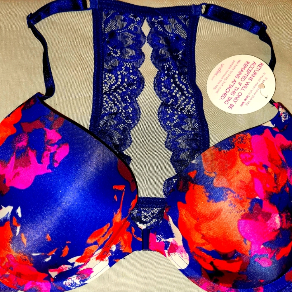 Multi-color navy lace Undies.com Racerback bra. Fits like a 36 B